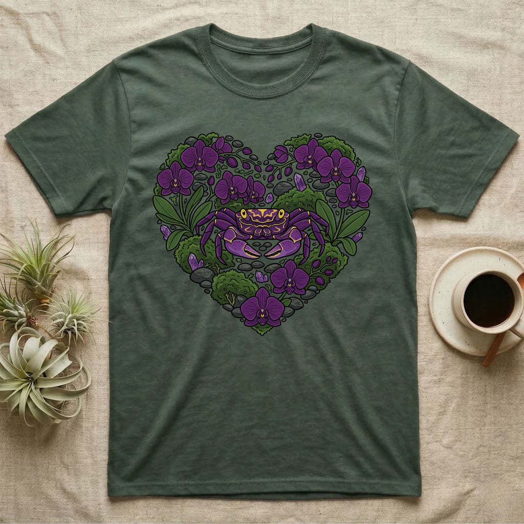 Green t-shirt with a purple crab and purple orchids forming a heart.
