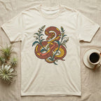 Cream t-shirt with a coiled snake and floral design.