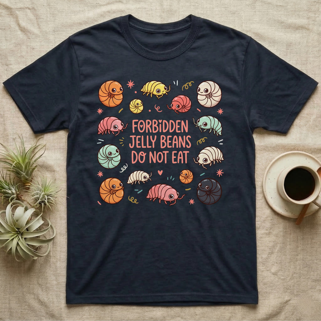 Dark t-shirt with a graphic of cute pill bugs and millipedes and text "Forbidden Jelly Beans Do Not Eat".
