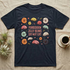 Dark t-shirt with a graphic of cute pill bugs and millipedes and text "Forbidden Jelly Beans Do Not Eat".