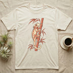 Cream t-shirt with a gecko climbing bamboo illustration.