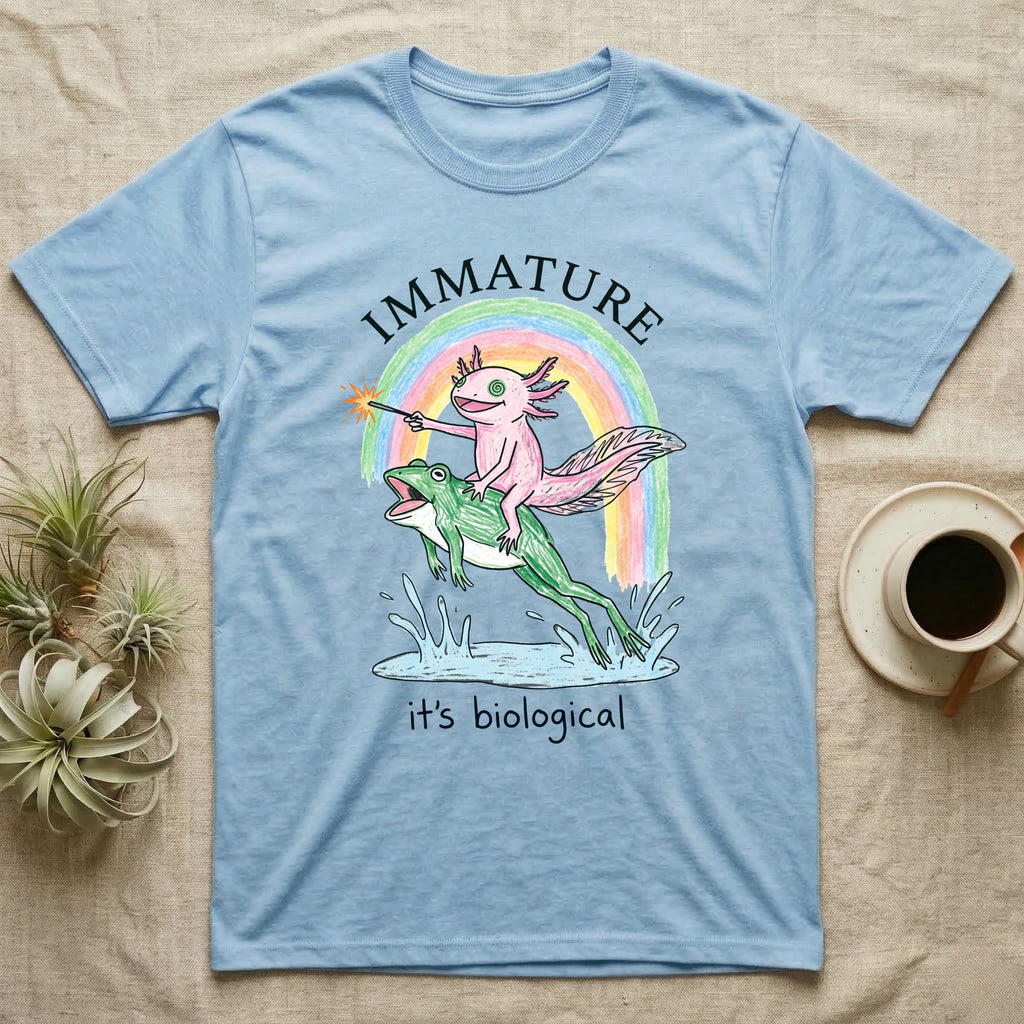 Axolotl Immature T-Shirt in Light Blue — Crayon drawing of a pink axolotl riding a leaping green frog through a rainbow, sparkler lit, under IMMATURE