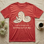 Hognose Morning Mood T-Shirt in Heather Red — Retro-illustration of a hognose snake flopped limp with hand-drawn marker text about getting out of bed.