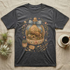 Dark t-shirt with a terrarium graphic featuring a gecko, flowers, and a "home is here" tag.