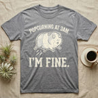 Guinea Pig Popcorning 3AM Tee in Sport Grey — Grunge-distressed guinea pig mid-popcorn with all four feet airborne and distressed type "Popcorning At 3AM I'm Fine."