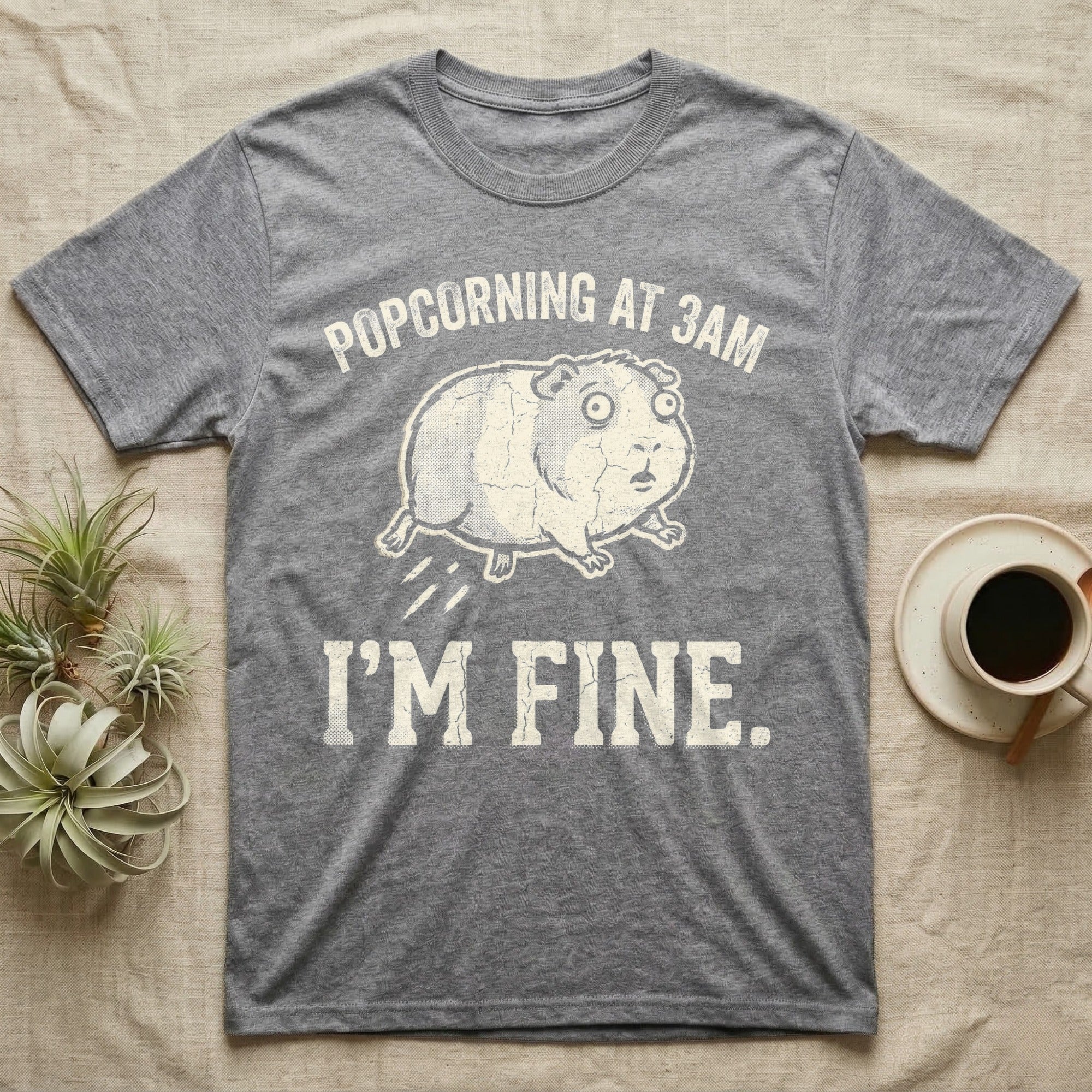 Guinea Pig Popcorning 3AM Tee in Sport Grey — Grunge-distressed guinea pig mid-popcorn with all four feet airborne and distressed type "Popcorning At 3AM I'm Fine."
