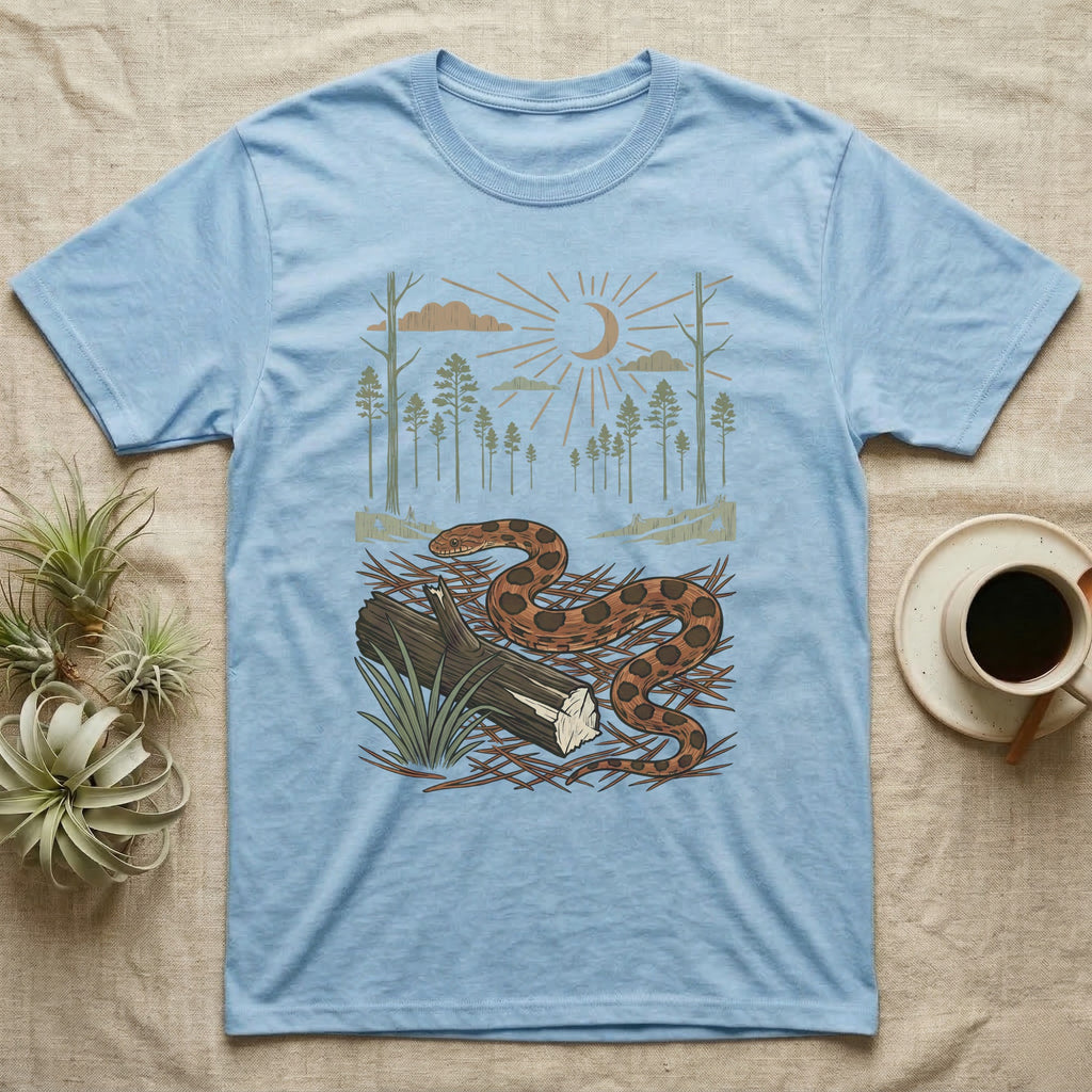 Corn Snake Home Range T-Shirt in Light Blue — Woodcut-style illustration of a corn snake winding across pine straw beside a split log with pine trees behind, no on-shirt text.