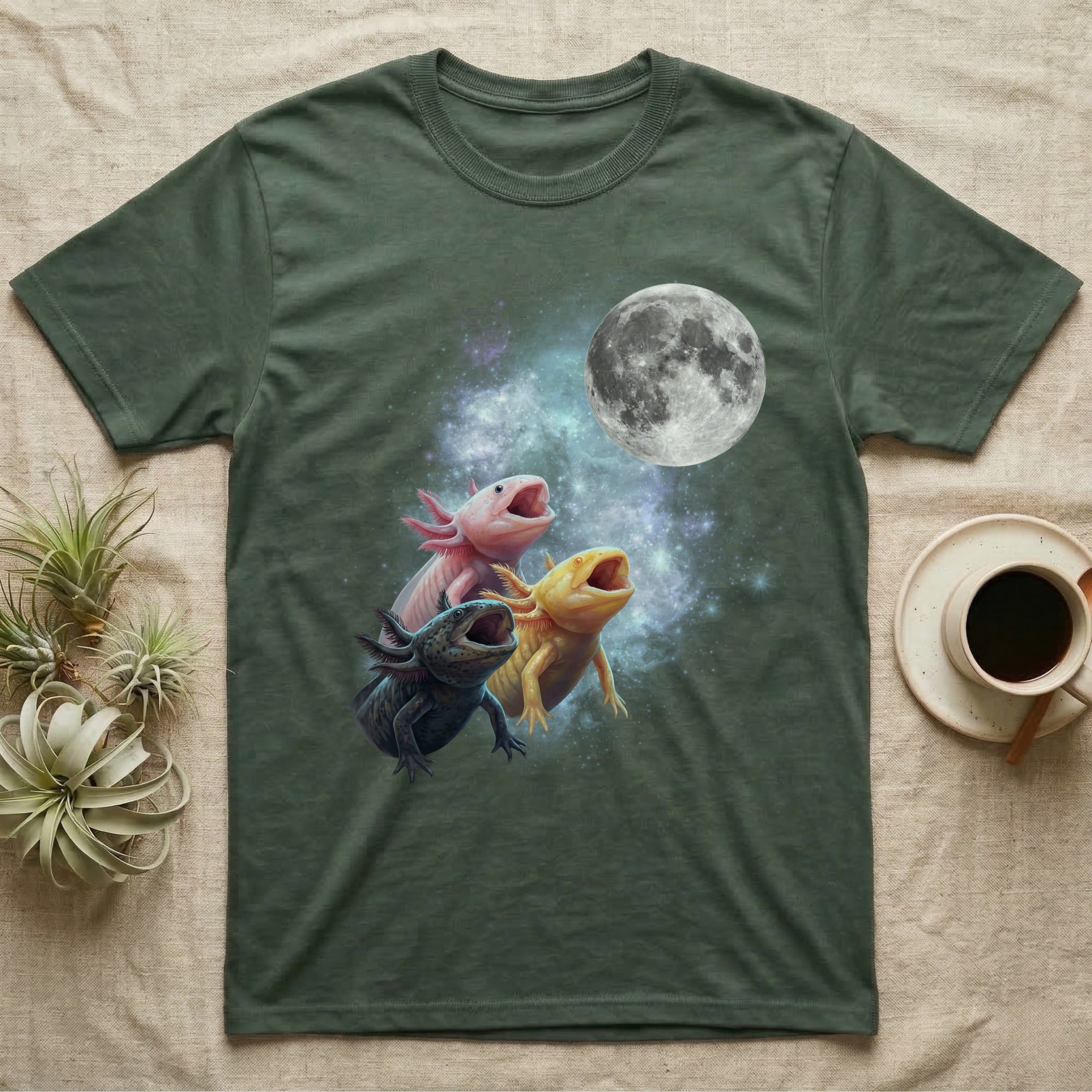 Axolotl Moon Howl T-Shirt in Military Green — Three Axolotl colour morphs howling at a full moon over a nebula on a dark grey t-shirt.