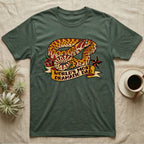 Dramatic Dad Hognose T-Shirt in Military Green — Tattoo-flash illustration of a hognose snake mid-dramatic-flop with a banner reading World's Most Dramatic Dad.