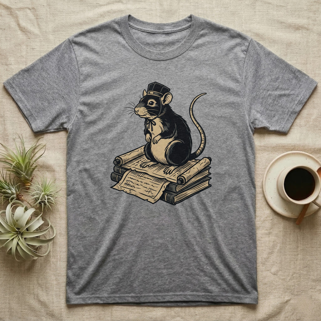 Grey t-shirt with a graphic of a rat wearing a hat on a stack of scrolls.