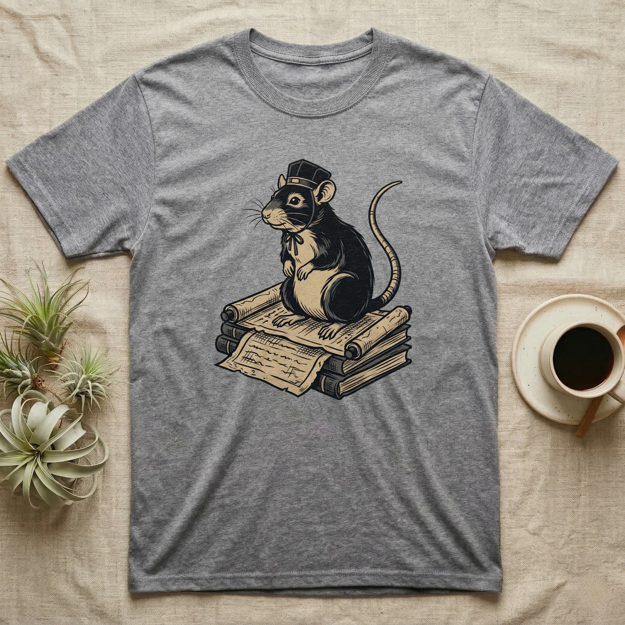 Grey t-shirt with a graphic of a rat wearing a hat on a stack of scrolls.