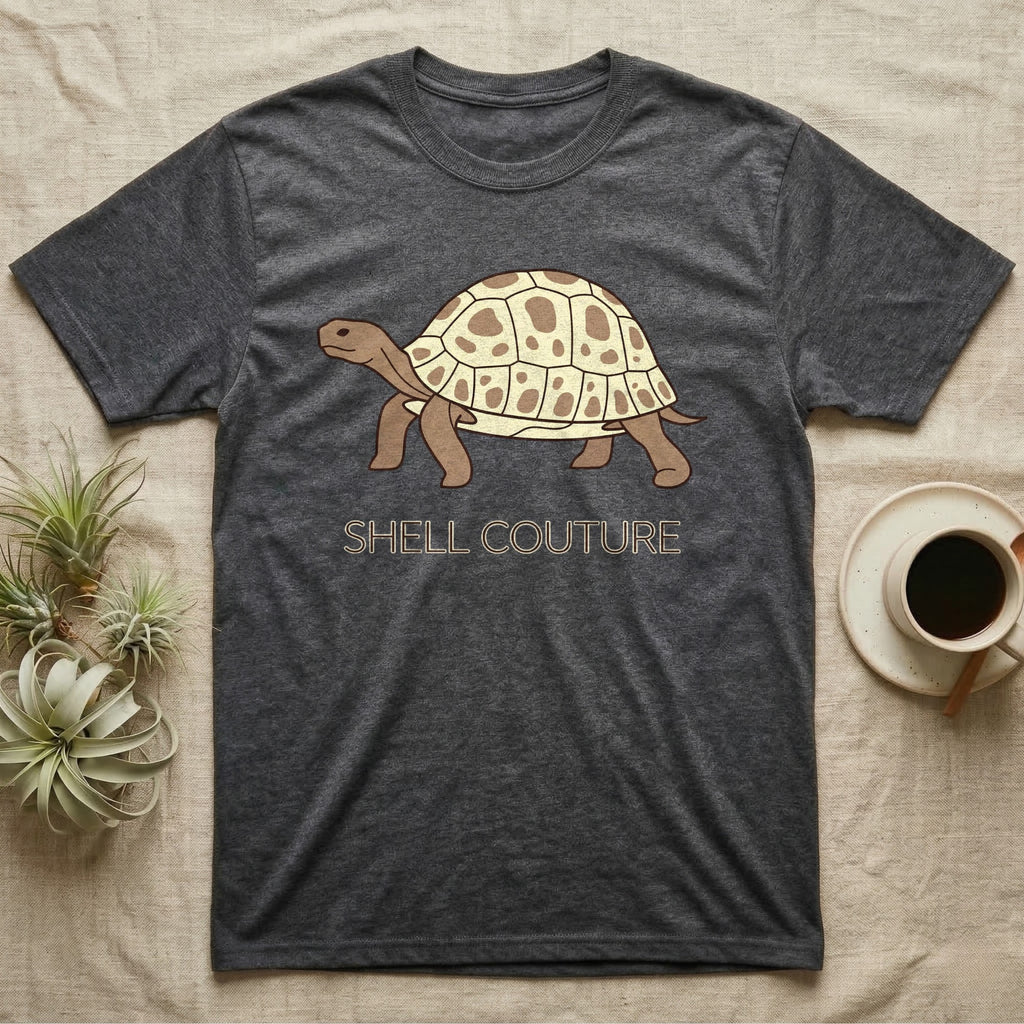 Dark grey t-shirt with a tortoise graphic and "SHELL COUTURE" text.
