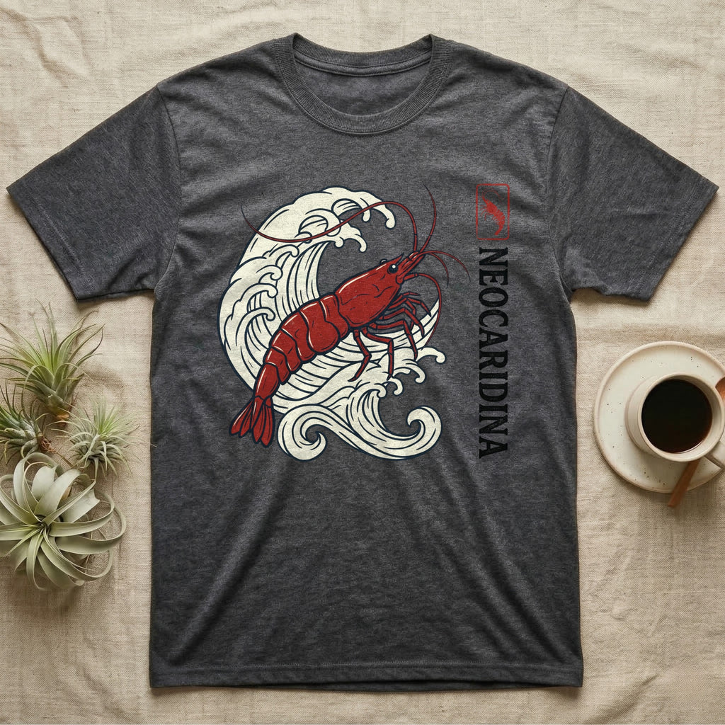 Dark gray t-shirt with red shrimp and wave graphic, and "Neocaridina" text.