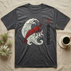 Dark gray t-shirt with red shrimp and wave graphic, and "Neocaridina" text.