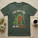 Fire-Bellied Toad Knight T-Shirt in Military Green — Fire-bellied toad knight with green cape, orange belly and a cricket on a twig spear, lettered I'VE GOT FIRE IN MY BELLY