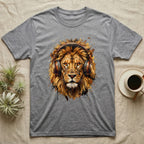 Gray t-shirt featuring a painted lion wearing headphones.