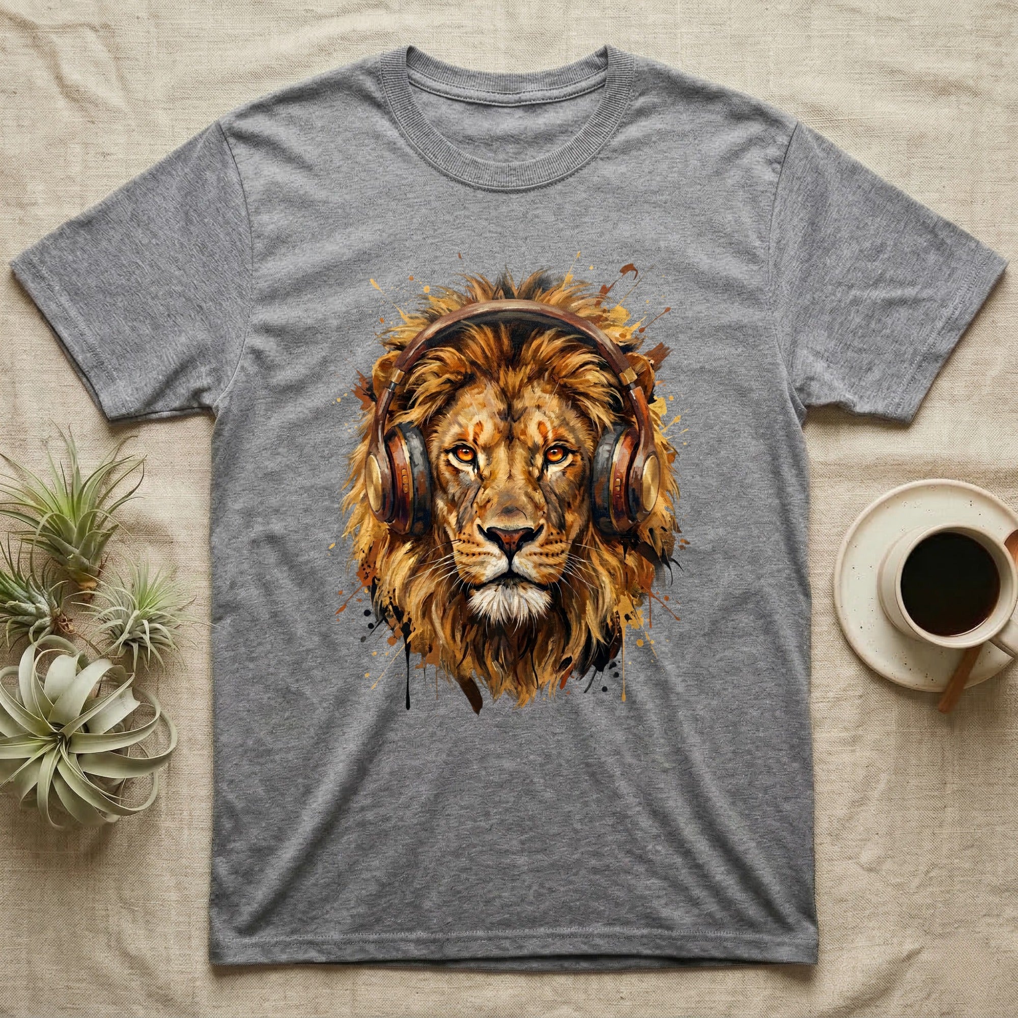 Gray t-shirt featuring a painted lion wearing headphones.