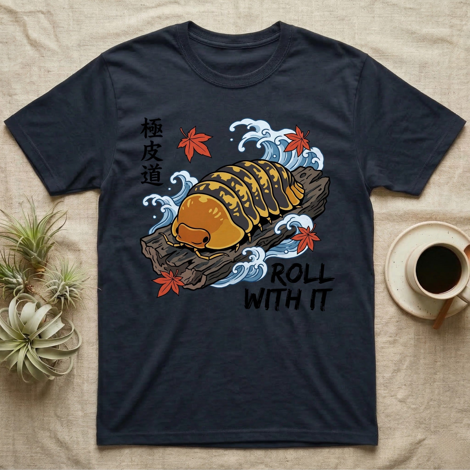 Rubber Ducky Isopod Ukiyo-e T-Shirt in Navy — Ukiyo-e woodblock rubber ducky isopod on cork bark among waves and maple leaves, "Roll With It".