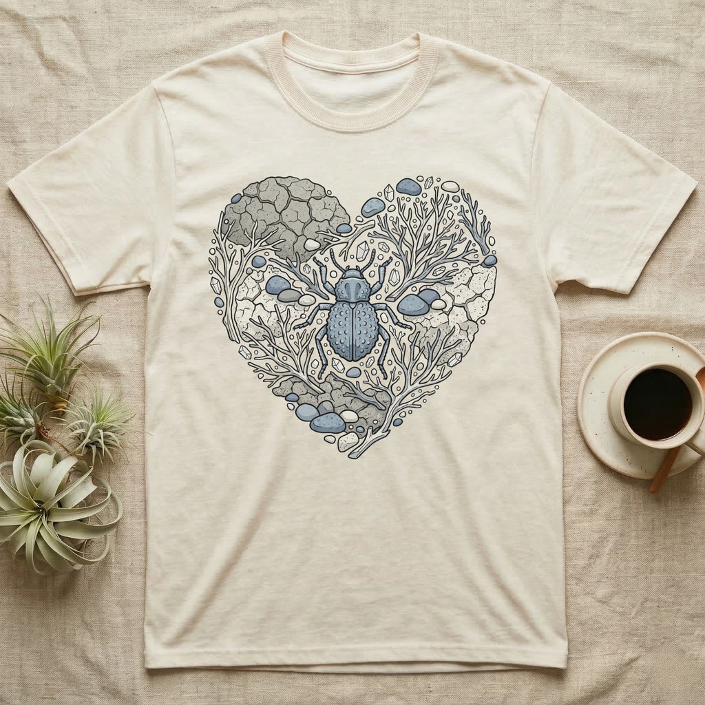 Cream t-shirt with a heart-shaped graphic of a beetle and natural elements.