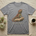 Gray t-shirt with a bearded dragon on a rock and text that reads "Poco-a-Pogo".
