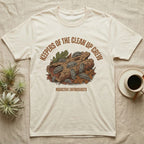 Zebra Isopod Clean Up Crew T-Shirt in Natural — Distressed vintage print of zebra isopods on a cork log under arched "Keepers of the Clean Up Crew".
