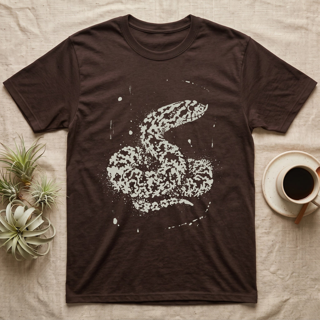 Hognose Bleach Spatter T-Shirt in Dark Chocolate — A western hognose snake formed from pale bleach spatter on a near-black ground, head turned to show its upturned snout.