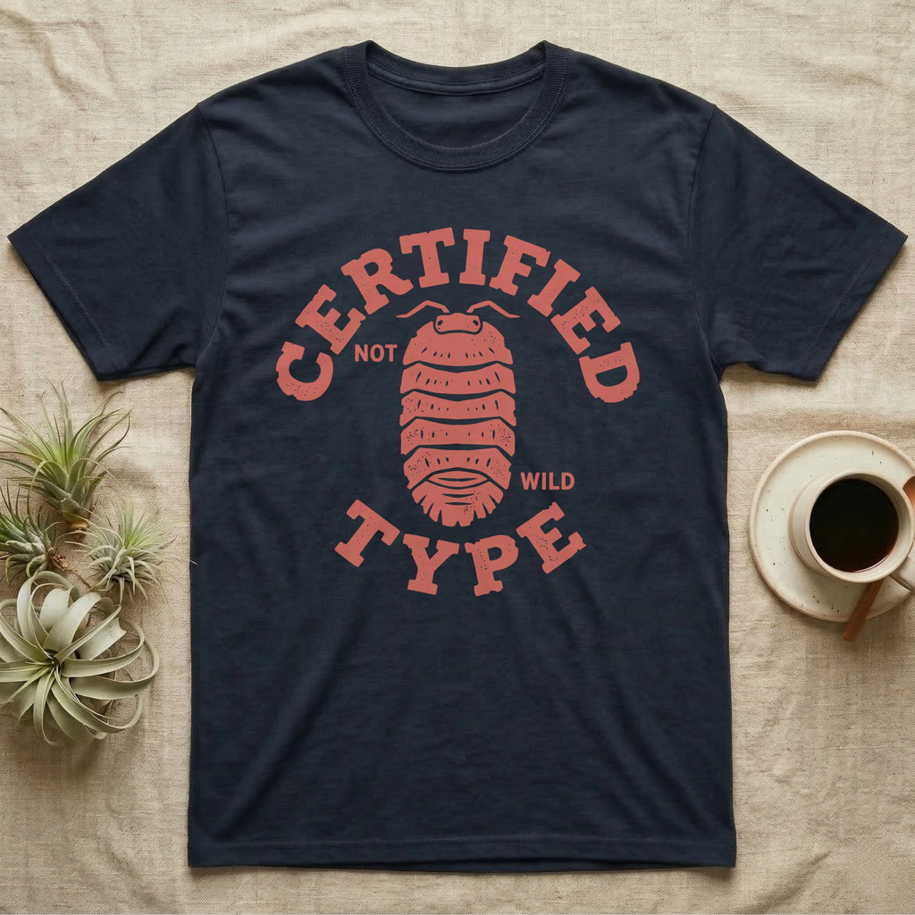 Isopod Certified Morph T-Shirt in Navy — Carved block-print isopod seen from above inside a ring of terracotta lettering reading CERTIFIED NOT WILD TYPE.