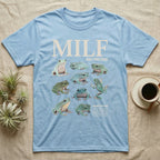 White's Tree Frog MILF T-Shirt in Light Blue — Eight White's tree frogs in a cut-out photo collage under the huge cream word MILF, man I love tree frogs.