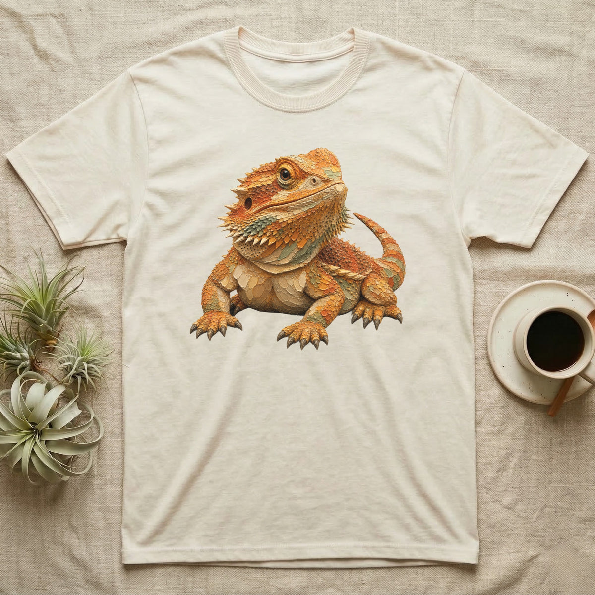 Beige t-shirt with illustration of a detailed orange bearded dragon.
