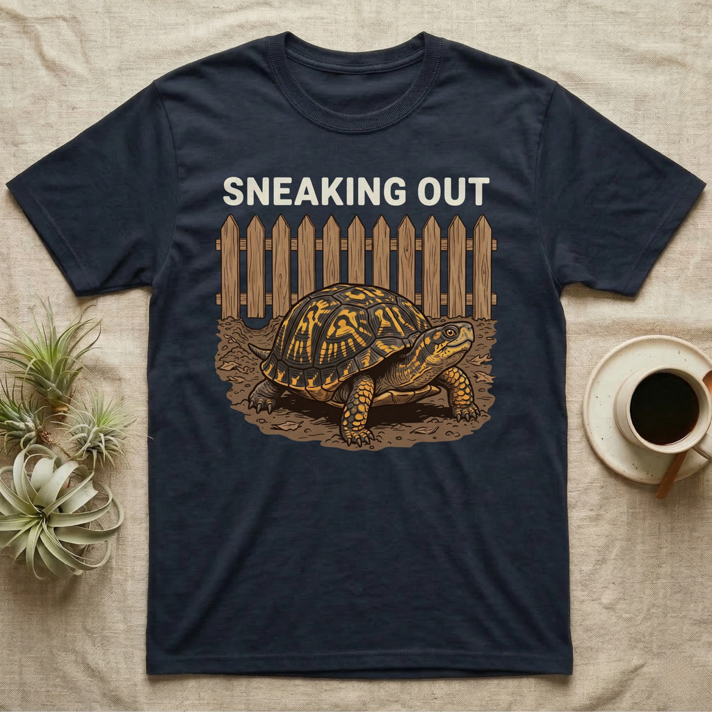 Box Turtle Sneaking T-Shirt in Navy — Eastern box turtle crawling out from under a brown picket fence beneath the words Sneaking Out