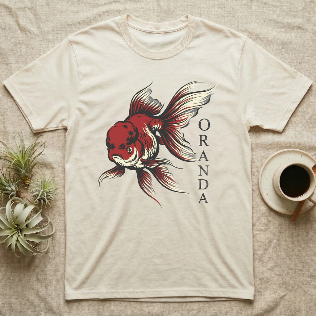 Cream t-shirt with a red oranda goldfish graphic and "ORANDA" text.