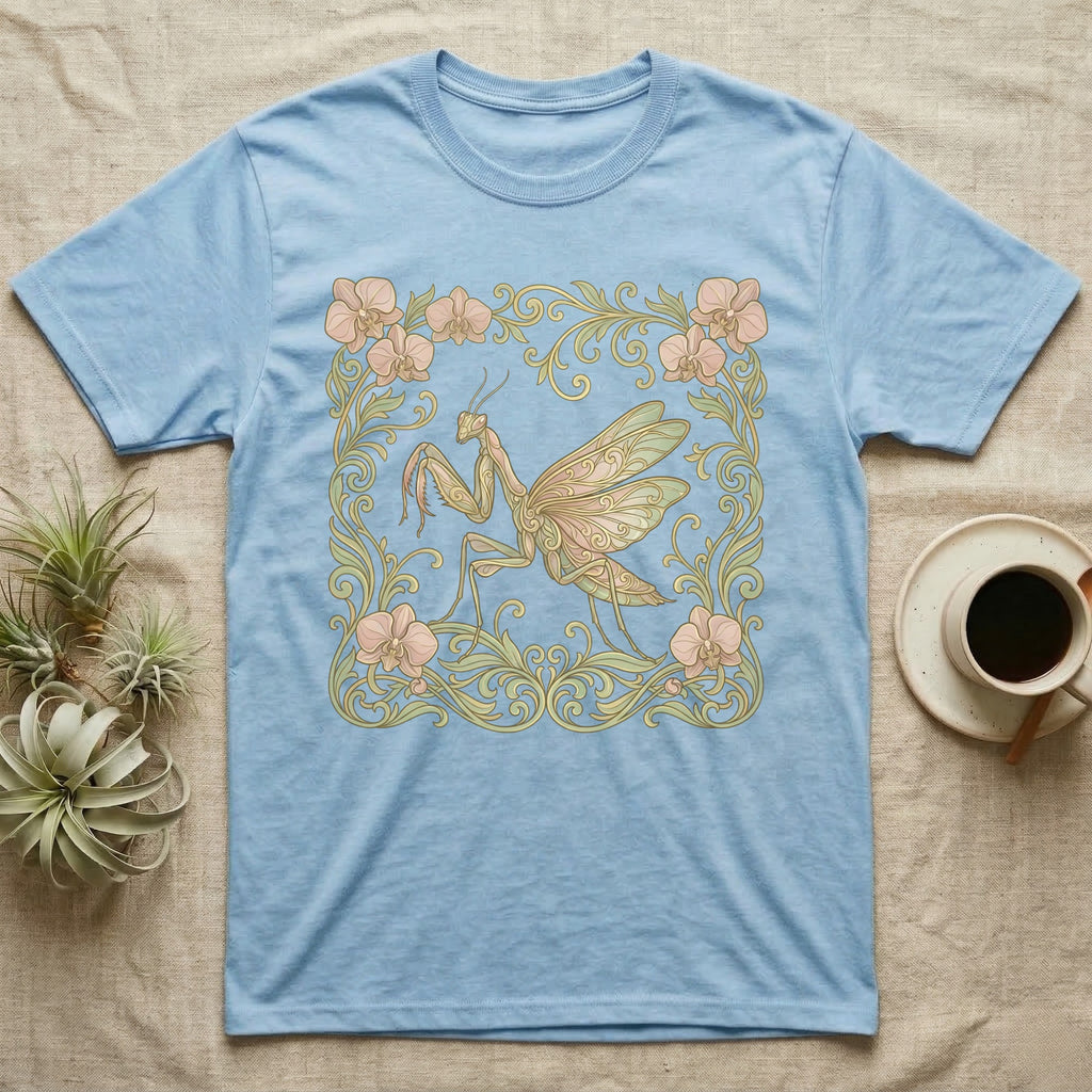 Light blue t-shirt with an Art Nouveau praying mantis and floral design.