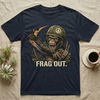 Navy t-shirt with a distressed graphic of a chimpanzee wearing a helmet, throwing nuts and bamboo.