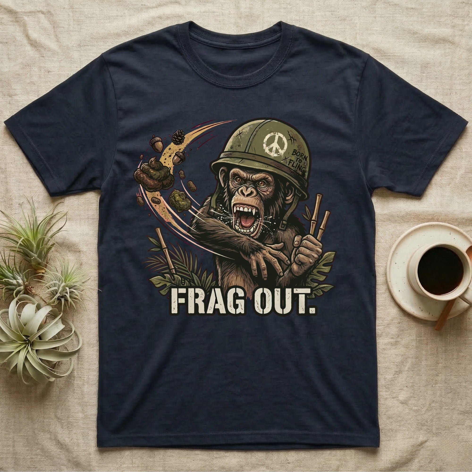 Navy t-shirt with a distressed graphic of a chimpanzee wearing a helmet, throwing nuts and bamboo.