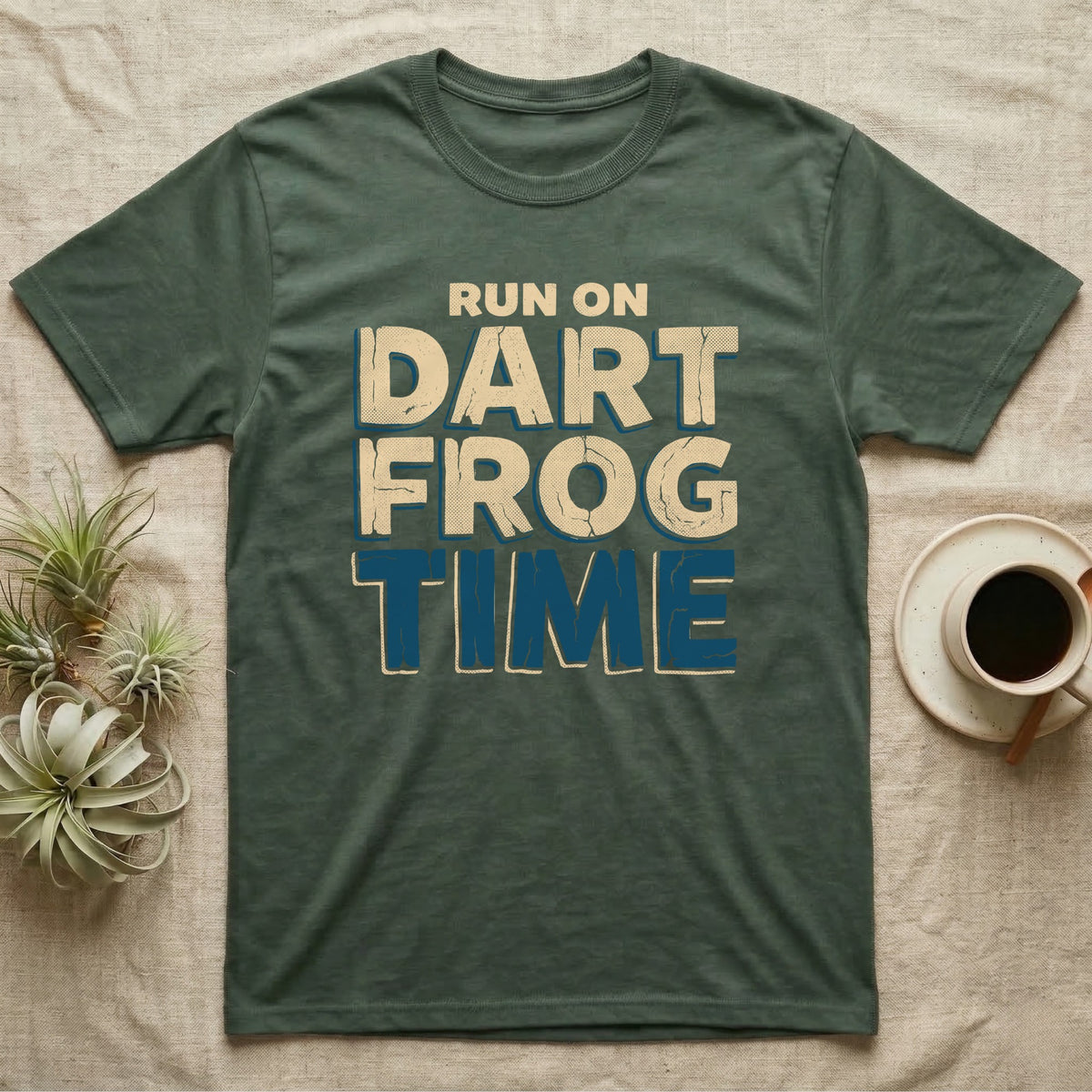 Dart Frog Time T-Shirt in Military Green — Distressed-block wordmark reading run on dart frog time in a bold two-tier chest lockup, text only.