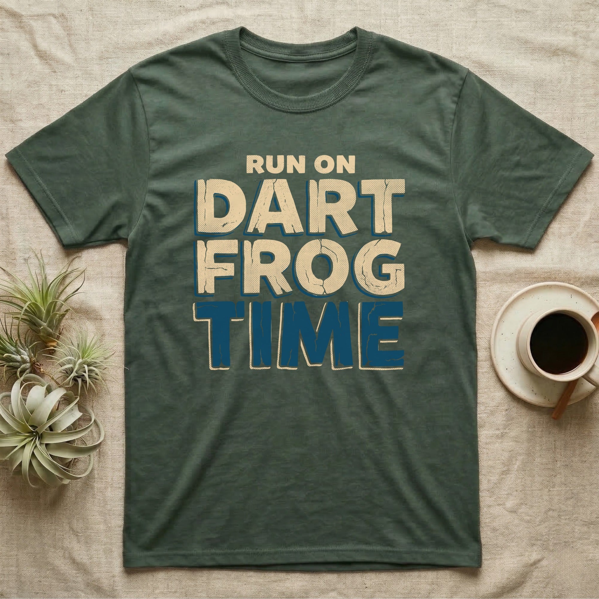 Dart Frog Time T-Shirt in Military Green — Distressed-block wordmark reading run on dart frog time in a bold two-tier chest lockup, text only.