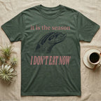 Hognose Fasting Season T-Shirt in Military Green — Engraved western hognose snake head in profile, snout raised, under large retro lettering reading I DON'T EAT NOW.