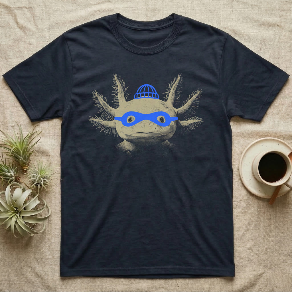 Axolotl Robber Mask T-Shirt in Navy — An axolotl's face with a blue marker burglar mask and beanie drawn on the glass.