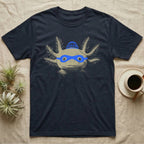 Axolotl Robber Mask T-Shirt in Navy — An axolotl's face with a blue marker burglar mask and beanie drawn on the glass.