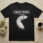 Ghost Corn Snake T-Shirt in Black — Gritty one-ink white print of a pale ghost corn snake head under the words I GHOST PEOPLE, it's genetic, on black