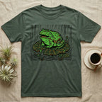 Green t-shirt featuring a large frog sitting on a lily pad in the rain.