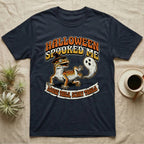 Leopard Gecko Spooked Me T-Shirt in Navy — Distressed graphic of a shocked leopard gecko in a witch hat beside its ghost-costumed dropped tail, "Halloween Spooked Me."
