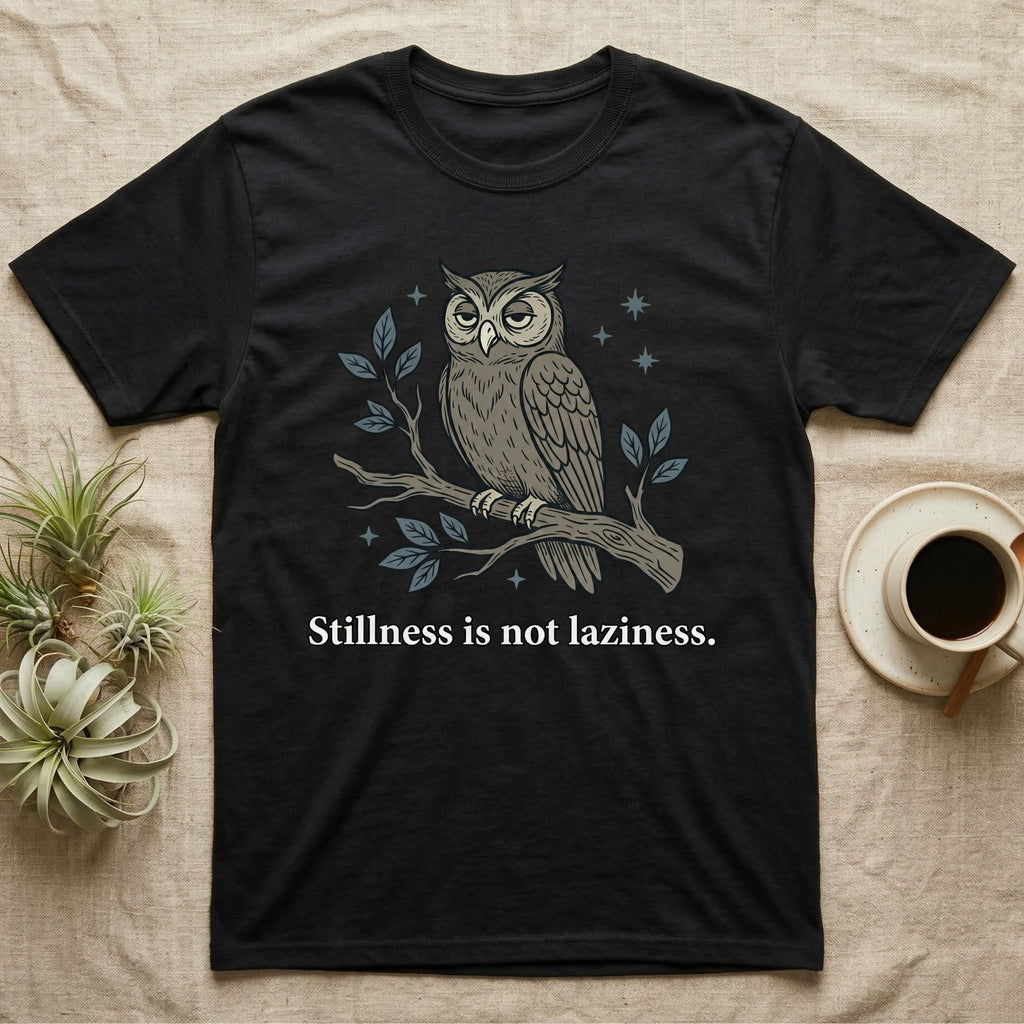 Black t-shirt with owl on branch and text "Stillness is not laziness."