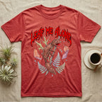 Satanic Leaf-Tailed Gecko Feral T-Shirt in Heather Red — Satanic leaf-tailed gecko gaping on a twig with dripping blood-red metal "Leaf Me Alone" wordmark above