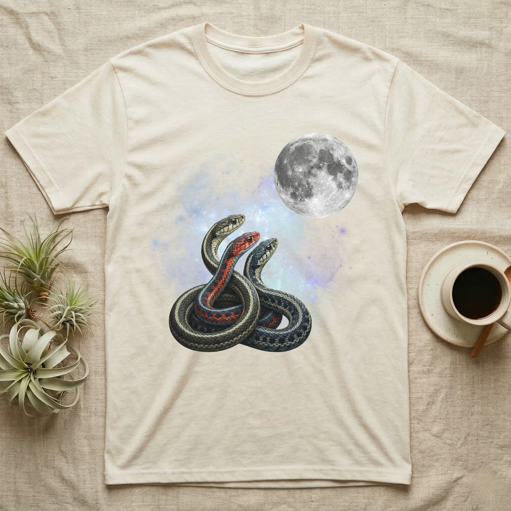 Garter Snake Moon Howl T-Shirt in Natural — Three Garter Snake colour morphs howling at a full moon over a nebula on a dark grey t-shirt.