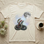 Garter Snake Moon Howl T-Shirt in Natural — Three Garter Snake colour morphs howling at a full moon over a nebula on a dark grey t-shirt.