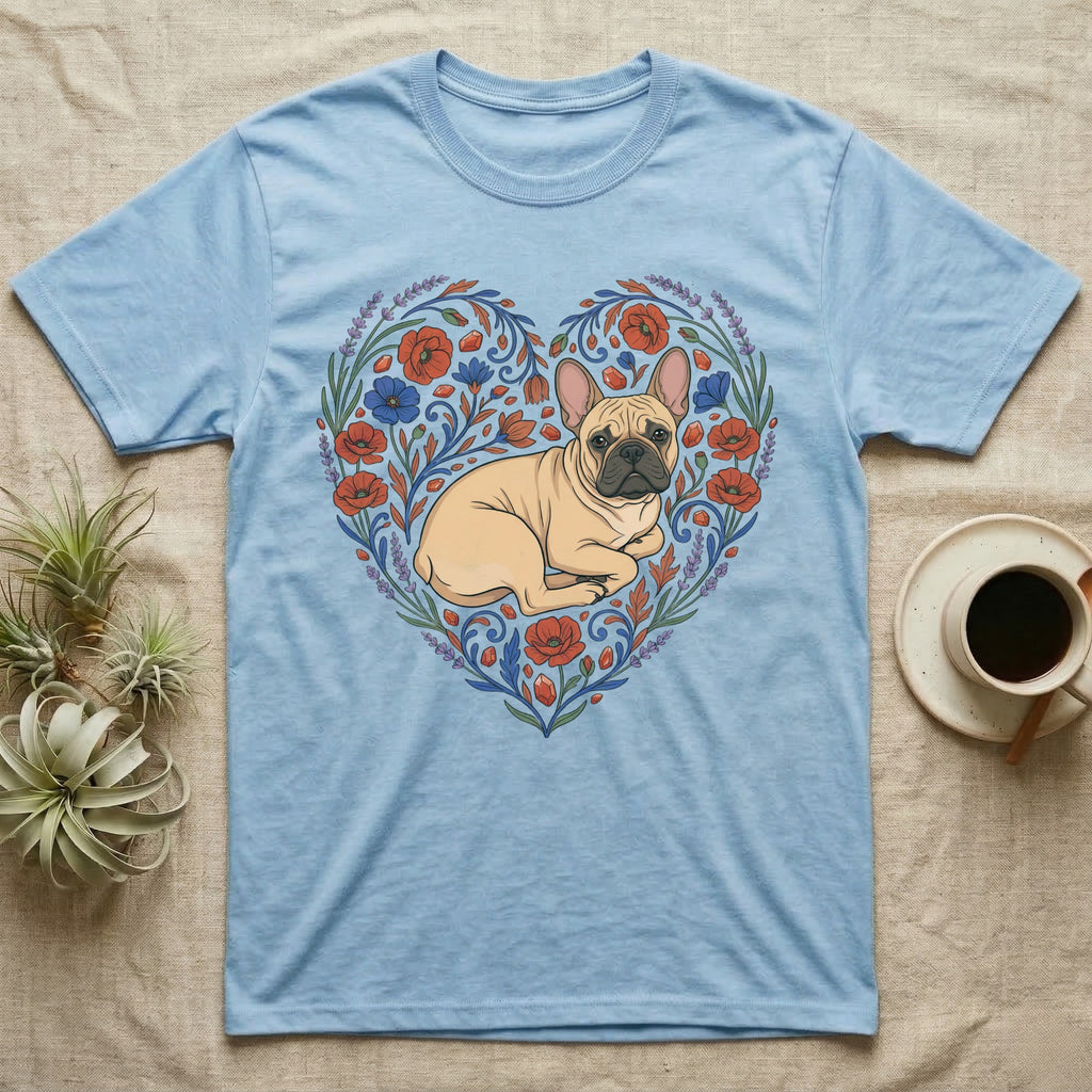 Light blue t-shirt with French bulldog and floral heart design.