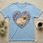 Light blue t-shirt with French bulldog and floral heart design.