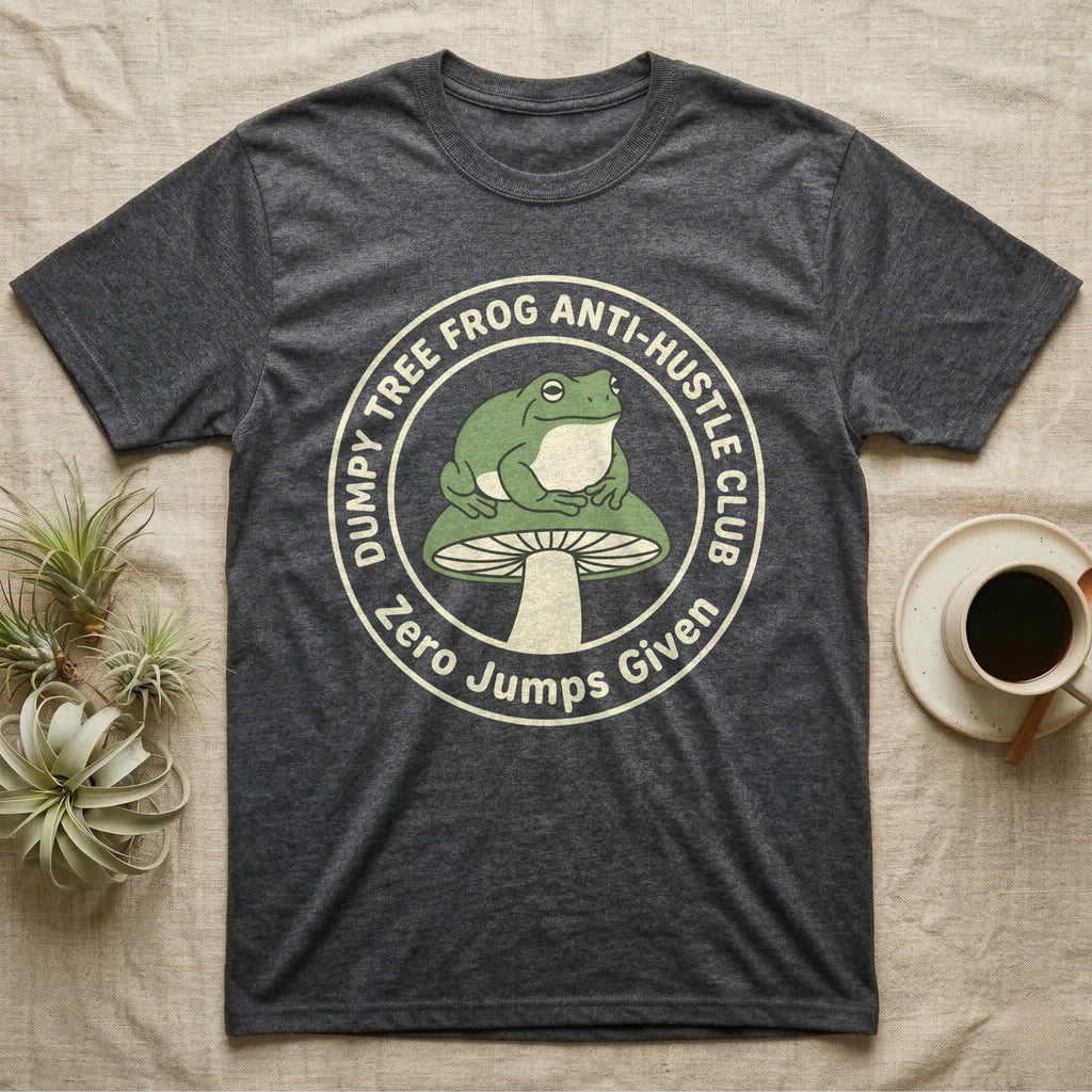 Dark grey t-shirt with a frog on a mushroom, featuring "DUMPY TREE FROG ANTI-HUSTLE CLUB ZERO JUMPS GIVEN" text.