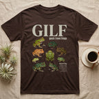Pacman Frog GILF T-Shirt in Dark Chocolate — Nine pacman frogs in a scattered cut-out photo collage beneath the huge cream word GILF on a grey ground.